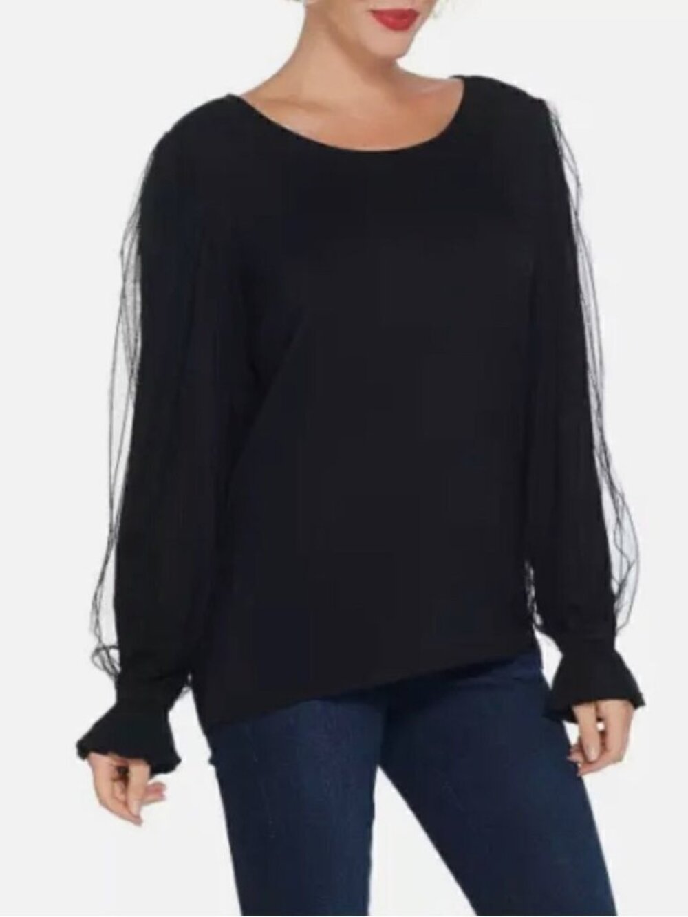 Du Jour Scoop-Neck Knit Top with Mesh Sleeves